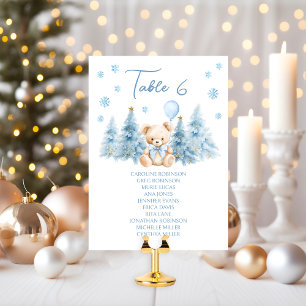 Cute Blue Winter Teddy Bear Baby Boy Table Number