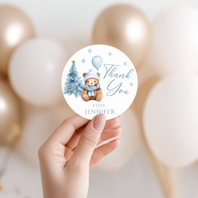 Cute Blue Winter Teddy Bear Baby Shower Thank You Classic Round Sticker (Creator Uploaded)