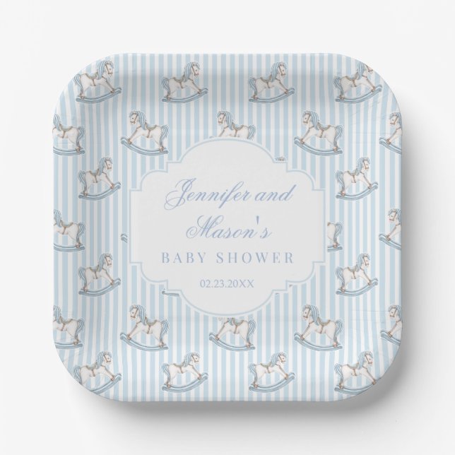 Cute blue wooden rocking horse baby boy shower paper plate (Front)