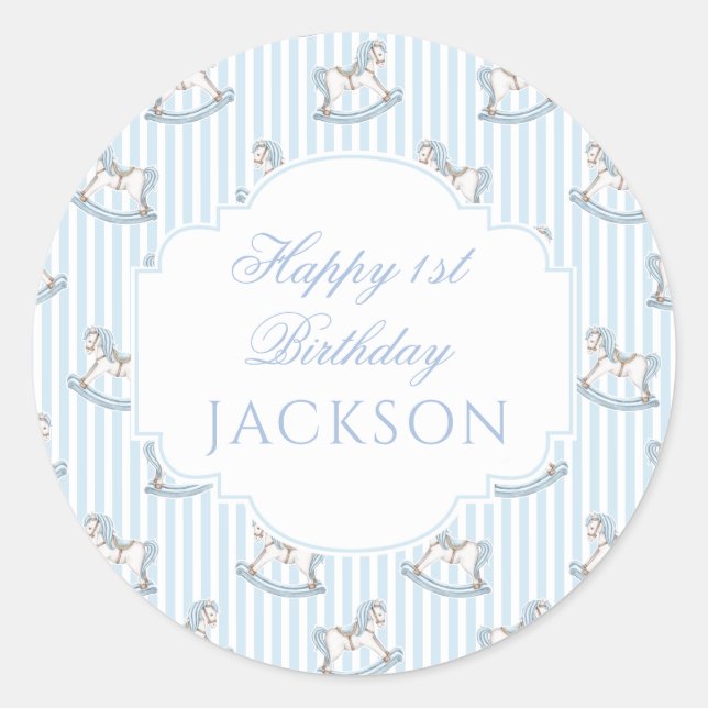 Cute blue wooden rocking horse boho birthday boy classic round sticker (Front)