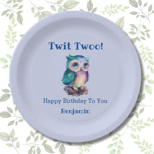 Cute Blue Woodland Animal Owl Birthday Paper Plate