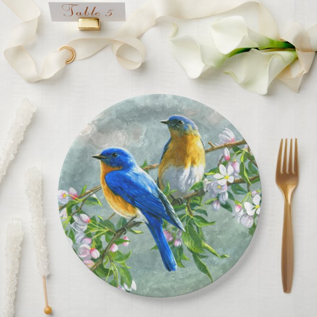Cute Blue Yellow Birds Cherry Blossom Watercolor Paper Plate (Wedding)