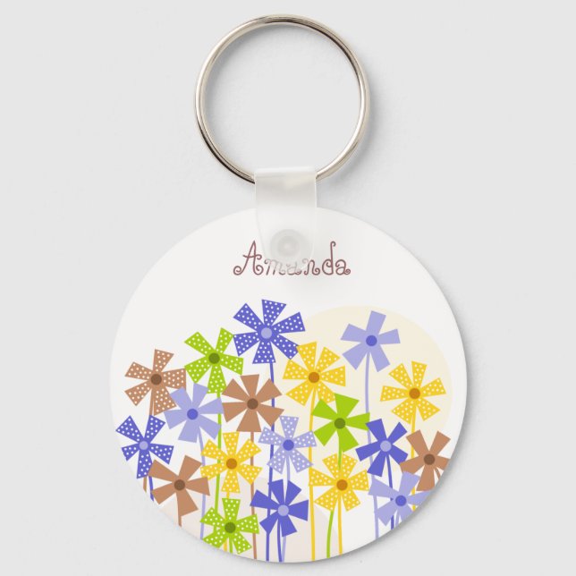 Cute blue yellow brown simple flower drawing name  key ring (Front)