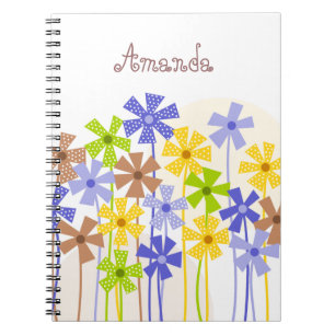 Cute blue yellow brown simple flower drawing name notebook