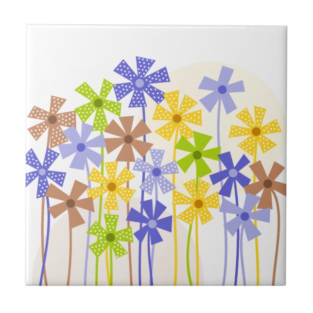 Cute blue yellow brown simple flowers drawing tile (Front)