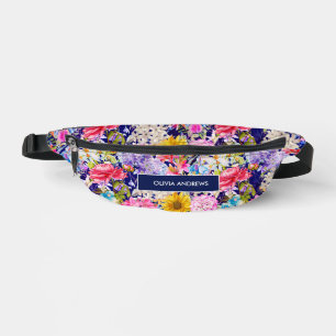Cute blue yellow elegant Floral pattern monogram Bum Bags