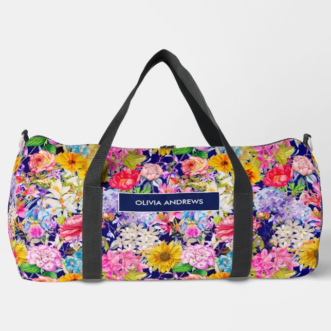 Cute blue yellow elegant Floral pattern monogram  Duffle Bag (Front)