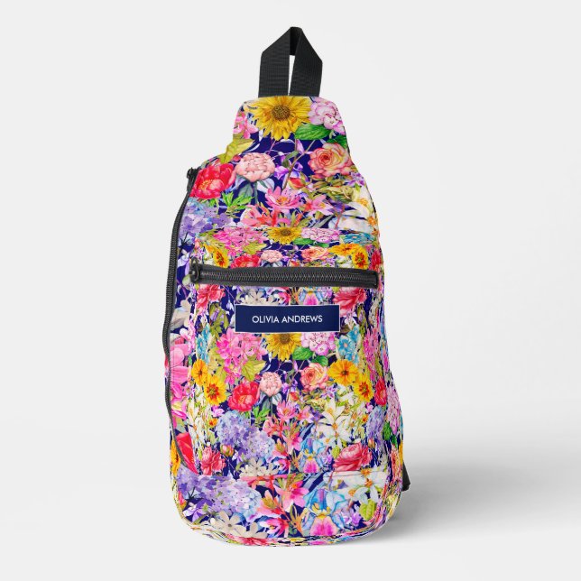 Cute blue yellow elegant Floral pattern monogram Sling Bag (Front)