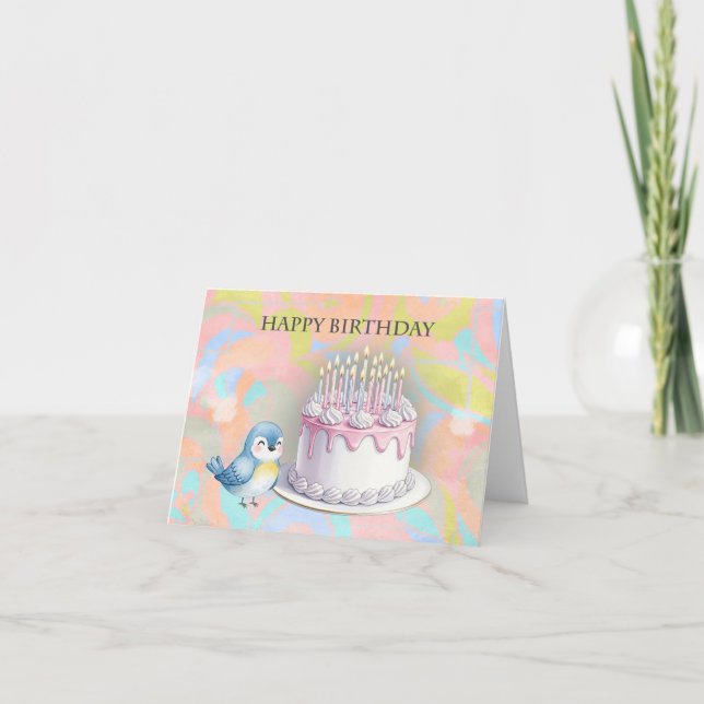 Cute Bluebird and Cake Cheerful Happy Birthday Card (Front)
