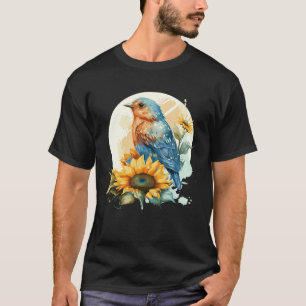 Cute Bluebird Sunflower Birding Bird T-Shirt
