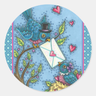 CUTE BLUEBIRD SWEETHEARTS, LOVE BIRD VALENTINE CLASSIC ROUND STICKER