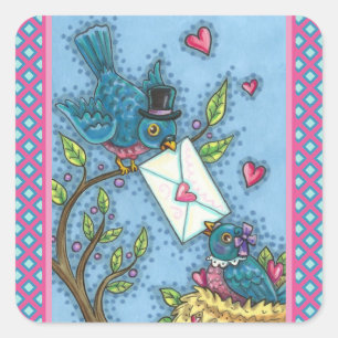 CUTE BLUEBIRD SWEETHEARTS, LOVE BIRD VALENTINE SQUARE STICKER