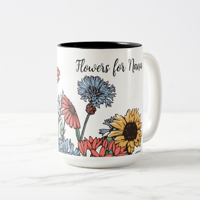 Cute Blues and Gold FLOWERS For Nana PERSONALIZE Two-Tone Coffee Mug (Front Right)