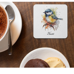 Cute Bluetit on a Branch, custom Glass Coaster
