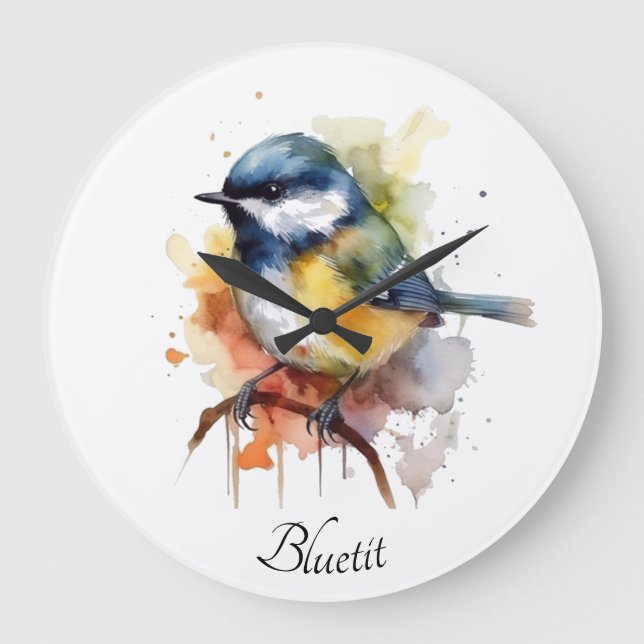Cute Bluetit on a Branch, custom  Large Clock (Front)