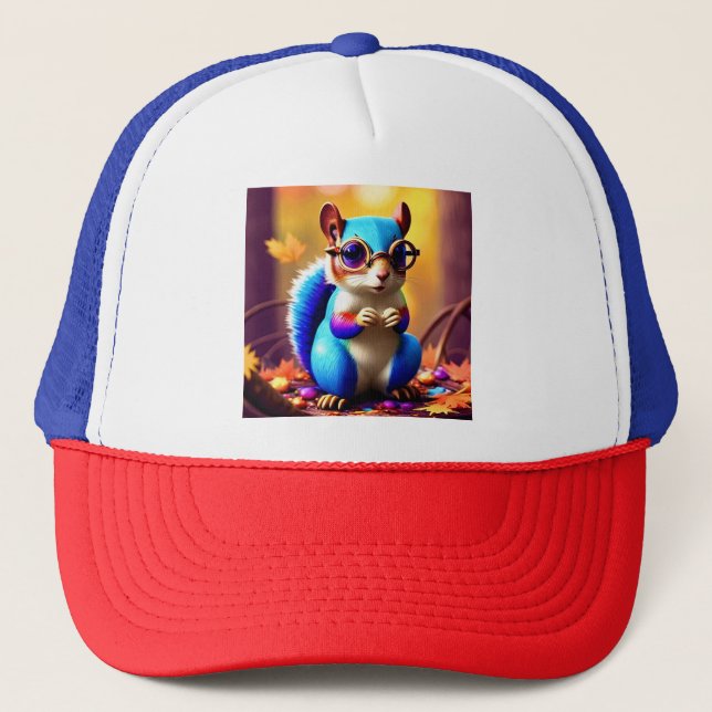  Cute Blur Squirrel with Glasses Trucker Hat (Front)