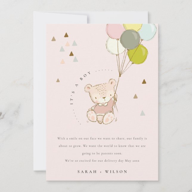 Cute Blush Bear Balloon Baby Announcement Card (Front)