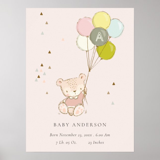 Cute Blush Bear Balloon Girly Monogram Baby Poster (Front)