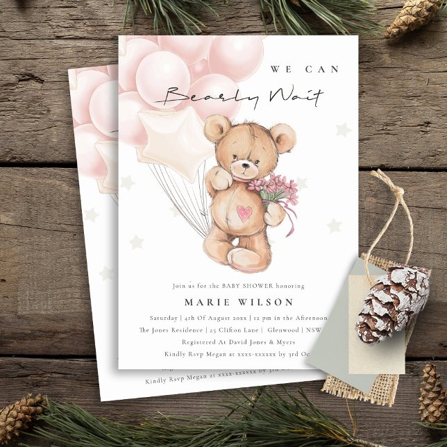 Cute Blush Bearly Wait Balloon Baby Shower Invite (Creator Uploaded)