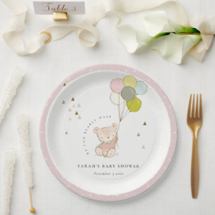 Cute Blush Bearly Wait Bear Balloon Baby Shower Paper Plate