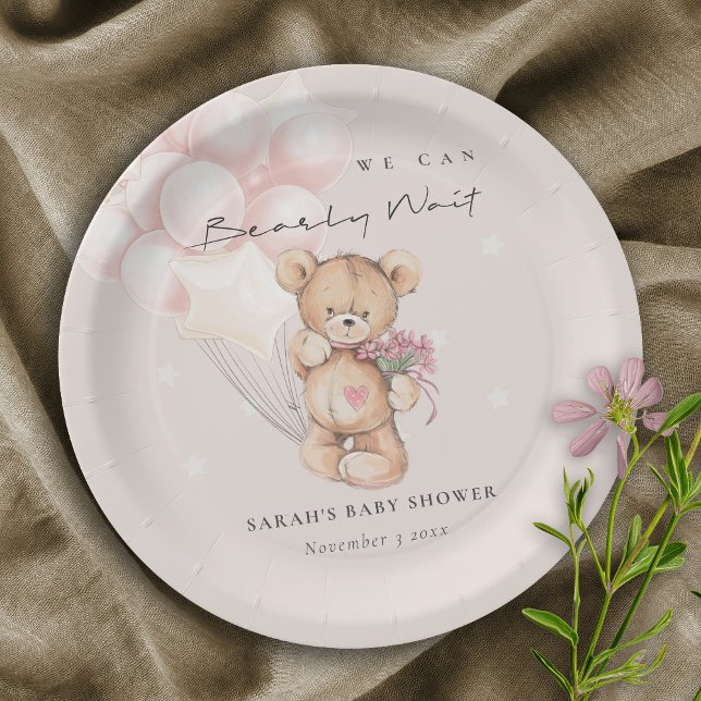 Cute Blush Bearly Wait Bear Balloon Baby Shower Paper Plate (Creator Uploaded)