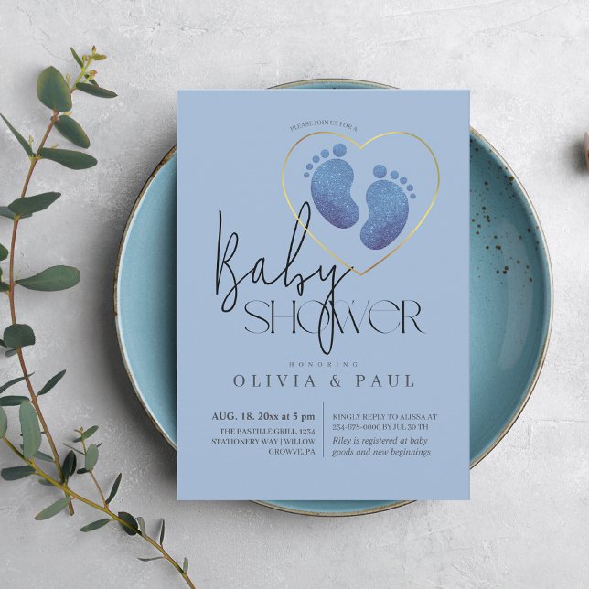 Cute Blush Blue Feet Glitter Baby Boy Shower  Invitation (Creator Uploaded)