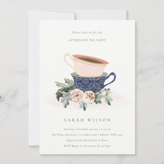 Cute Blush Blue Floral Afternoon Tea Party Invite (Front)