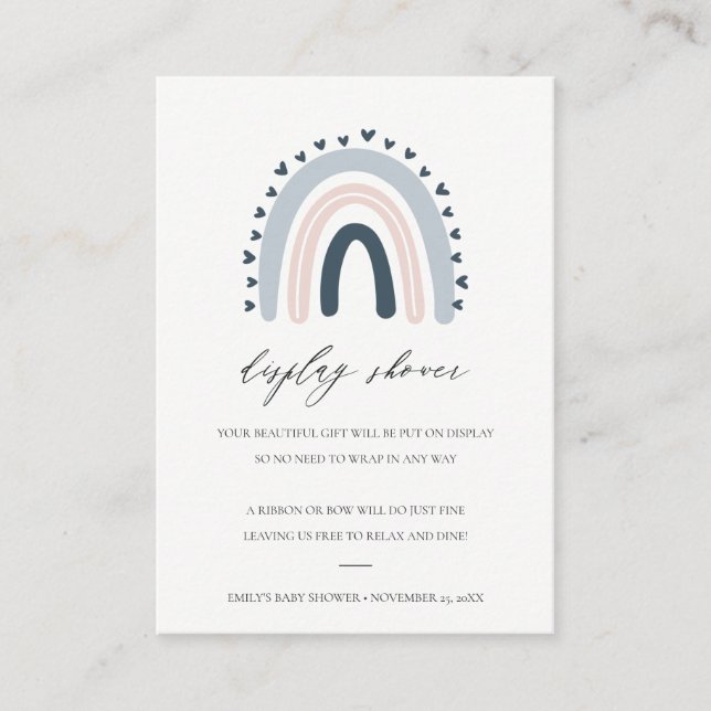 CUTE BLUSH BLUE HEART RAINBOW DISPLAY BABY SHOWER ENCLOSURE CARD (Front)