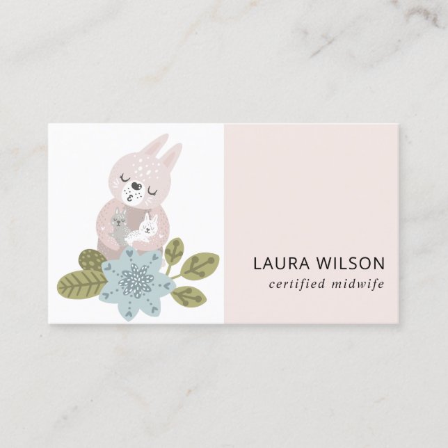 CUTE BLUSH BLUE SCANDI FLORAL BEAR BABY MIDWIFE BUSINESS CARD (Front)