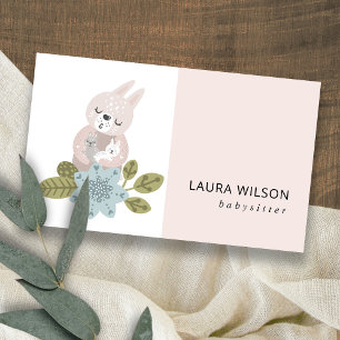 CUTE BLUSH BLUE SCANDI FLORAL BEAR HUG BABY NANNY BUSINESS CARD