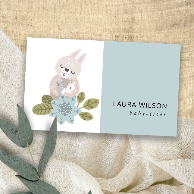 CUTE BLUSH BLUE SCANDI FLORAL BEAR HUG BABY NANNY BUSINESS CARD (Creator Uploaded)