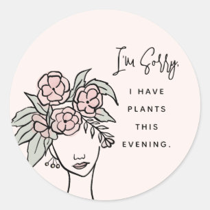 Cute Blush Busy with My Plants Floral Portrait Classic Round Sticker