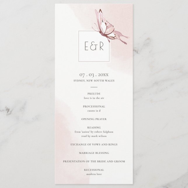 CUTE BLUSH BUTTERFLY WEDDING CEREMONY PROGRAM MENU (Front)