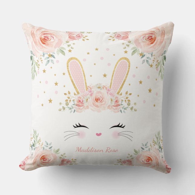 Cute Blush Floral Bunny Rabbit Baby Girl Nursery Cushion (Front)
