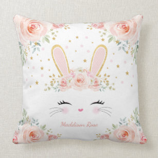 Cute Blush Floral Bunny Rabbit Baby Girl Nursery Cushion