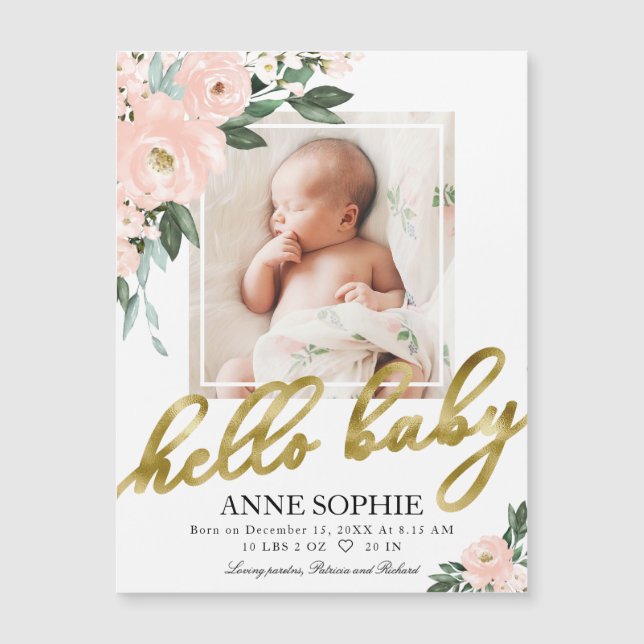 Cute Blush Floral Photo Birth Announcement Cards (Front)