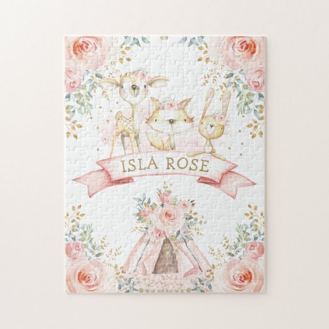 Cute Blush Floral Tribal Woodland Animals Jigsaw Puzzle (Vertical)