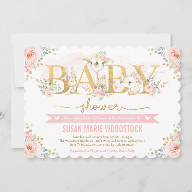 Cute Blush Floral Woodland Forest Girl Baby Shower Invitation (Front)