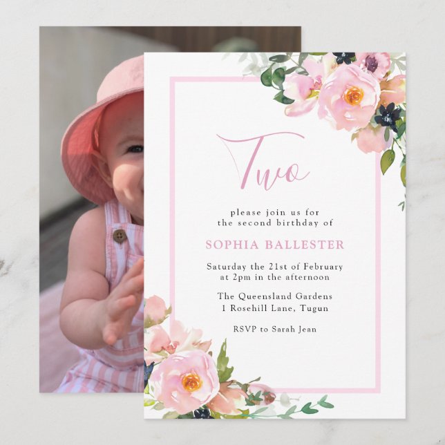 Cute Blush Flowers Girls 2nd Birthday Party Photo Invitation (Front/Back)