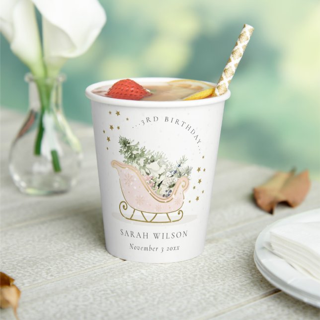 Cute Blush Gold Winter Sleigh Any Age Birthday Paper Cups (Insitu)