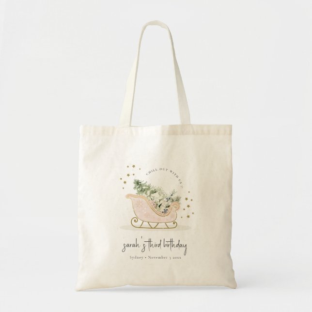 Cute Blush Gold Winter Sleigh Any Age Birthday Tote Bag (Front)
