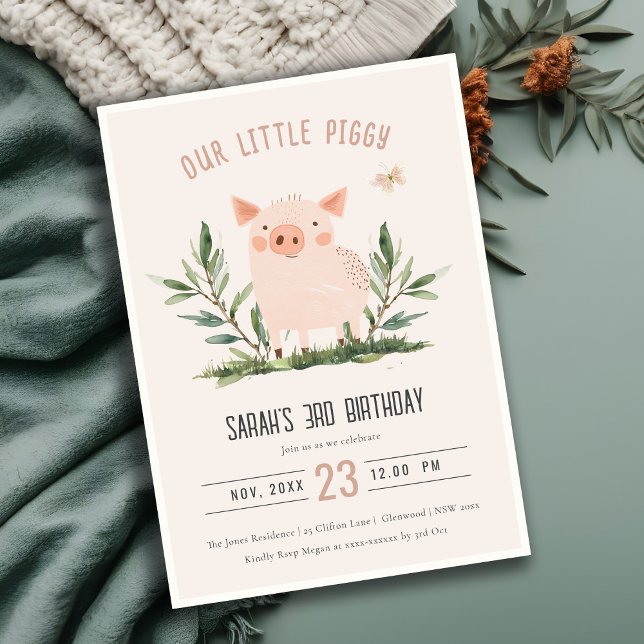Cute Blush Little Farm Pig Butterfly Kids Birthday Invitation (Creator Uploaded)