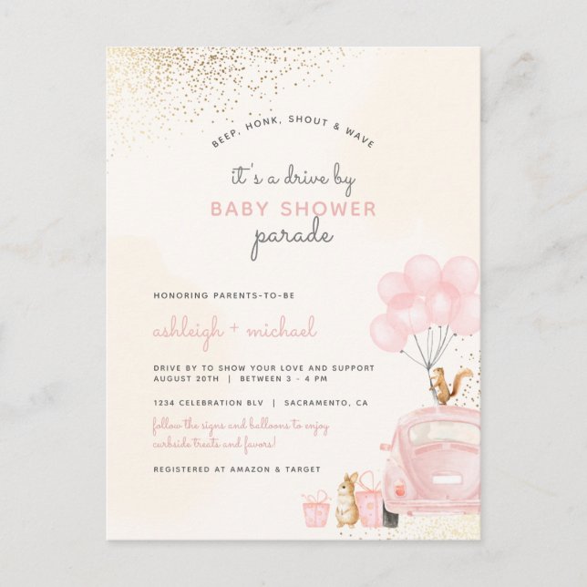 Cute Blush Pink Balloons Car Drive By Baby Shower Invitation Postcard (Front)
