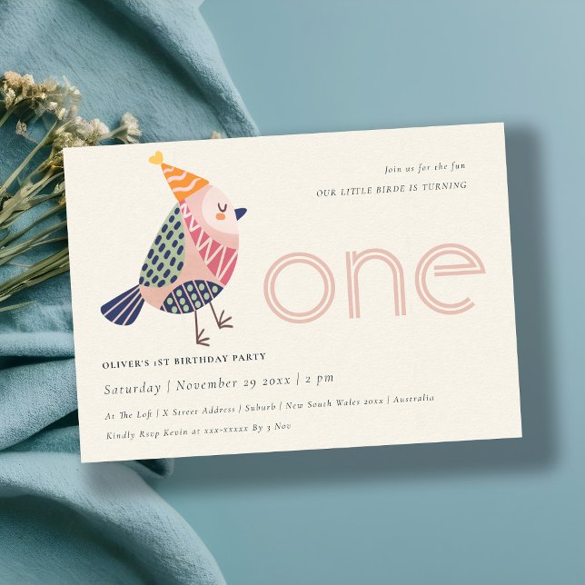 Cute Blush Pink Birdie Any Age 1st Birthday Invitation (Creator Uploaded)