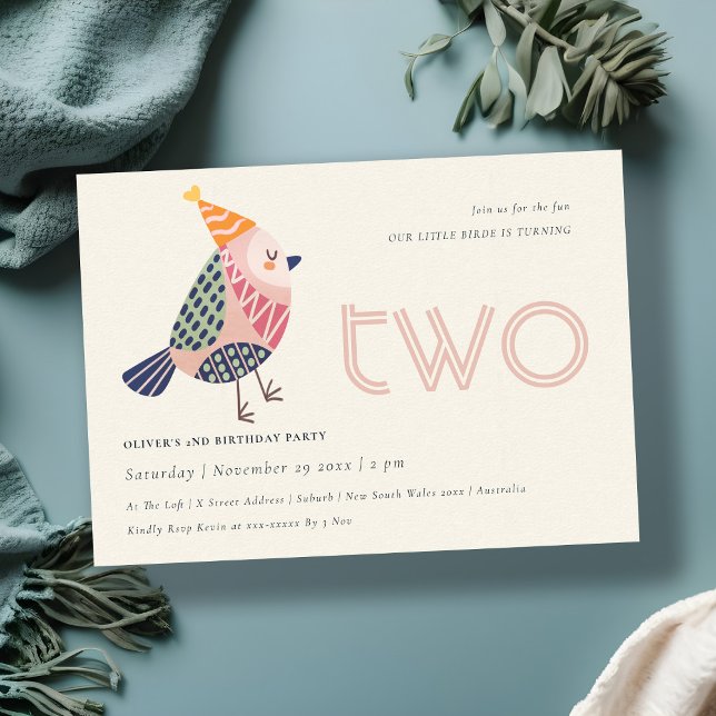 Cute Blush Pink Birdie Any Age 2nd Birthday Invite (Creator Uploaded)