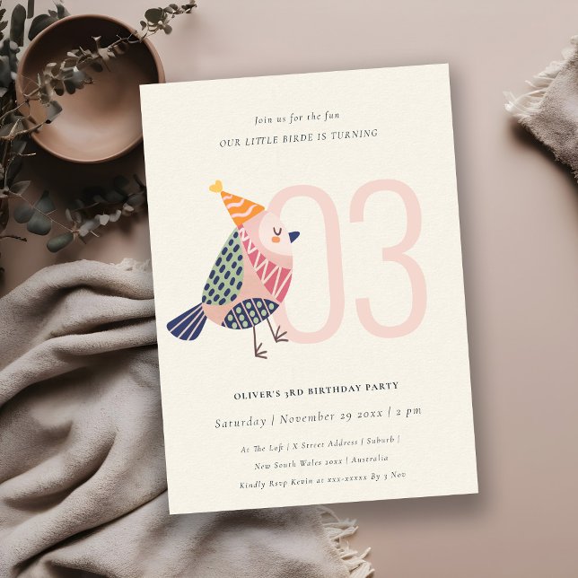 Cute Blush Pink Birdie Any Age 3rd Birthday Invite (Creator Uploaded)