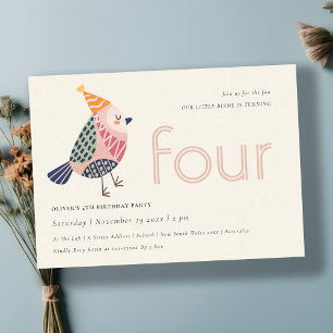 Cute Blush Pink Birdie Any Age 4th Birthday Invite