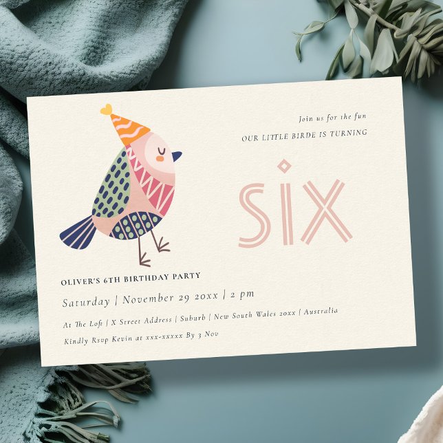 Cute Blush Pink Birdie Any Age 6th Birthday Invite (Creator Uploaded)