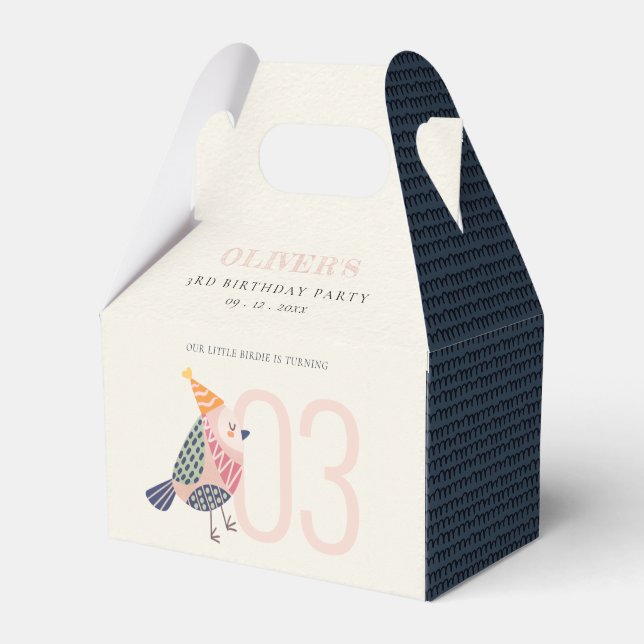 Cute Blush Pink Blue Birdie Any Age Birthday Favour Box (Front Side)