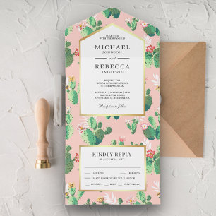 Cute Blush Pink Cactus Floral Wedding All In One Invitation